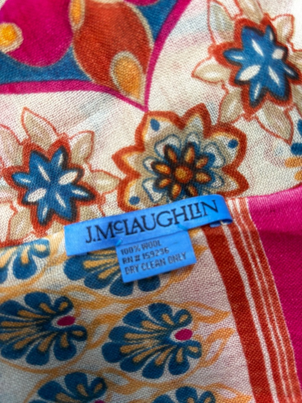 J.McLaughlin 100% Wool Scarf – Geometric Floral Medallion Print – Boho Chic NWOT